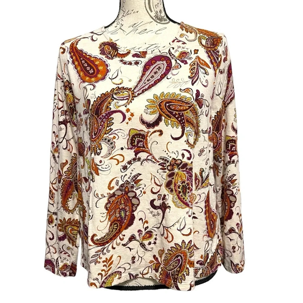 J. Jill Women Top M Petite Cream Paisley Long Sleeve Knit Tulip Back Boho Earthy